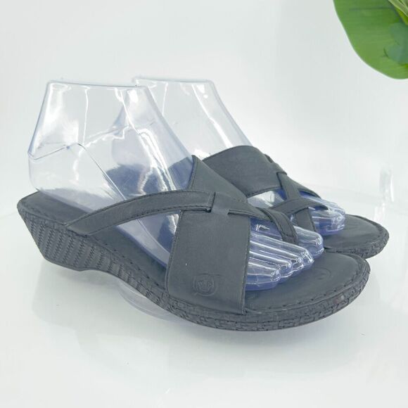 Born Women's Sandal Size 8 Wedge Heel Platform Black Slip On Leather Shoe - Picture 1 of 13